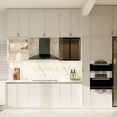 This is the same kitchen, showing how we integrated modern appliances like the built-in ovens and a sleek black chimney into the classical design. The result is a space that is as functional as it is beautiful.