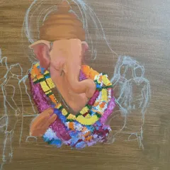 Another work-in-progress shot of the Ganesha commission. Here, the focus is on blocking in the main colors of the figure before adding finer details and the surrounding elements.