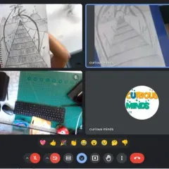 An online student showing his pyramid drawing. We were learning about perspective and shading in this virtual session.