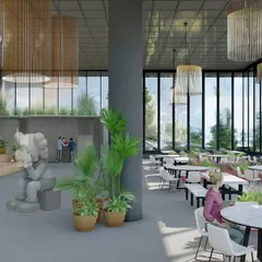The communal amphitheater and food court within the MSR Tower. This flexible, multi-functional area is designed to foster a sense of community and collaboration among the building's occupants.