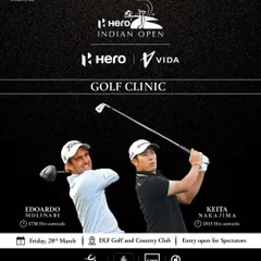 Promotional Poster for the Hero Indian Open Golf Clinic: We provide access to global golf talent. This poster announces a special clinic with DP World Tour players Edoardo Molinari and Keita Nakajima, held at our club during the Hero Indian Open.