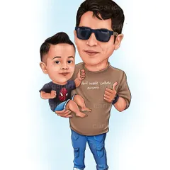 A son's first superhero is his father. This fun caricature captures the special bond between a father and son, with the little one wearing a Spiderman t-shirt.