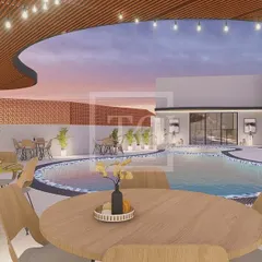 This render shows the poolside dining area for the Bhubaneswar hotel project. The design features a mix of seating arrangements under a large, modern pergola, with string lights adding to the warm and inviting ambiance for evening service.