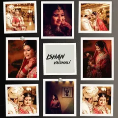 A creative wedding album page design using a polaroid-style grid to showcase a variety of beautiful moments from the day.