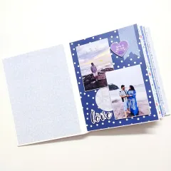 An inside page of the blue birthday scrapbook, showing a photo collage against a polka-dot background.