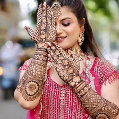 A classic pose showing off the intricate design on the bride's hands.