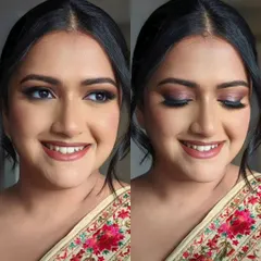 A happy client ready for a special occasion. This versatile soft glam look, with its warm brown eyeshadow and nude pink lip, is perfect for any wedding event.