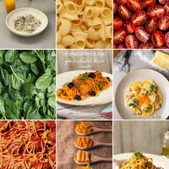 My pasta speaks louder than words. This collage shows the fresh ingredients and the variety of handmade pasta dishes I offer, from spaghetti to ravioli.