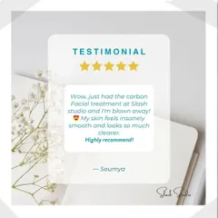 A glowing testimonial from a happy client after her Carbon Facial. She describes her skin as "insanely smooth" and "so much clearer."