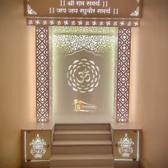 A full view of a custom-made pooja mandir with backlit panels and Sanskrit verses. The steps provide space for idols, and the entire unit is illuminated to create a serene glow.