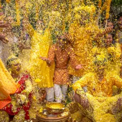A super fun 'phoolon ki holi' during a Haldi ceremony, where the couple is completely covered in yellow flower petals. I plan events that are full of life and laughter.