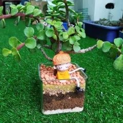 This is one of my favorite creations: a mini terrarium in a glass cube. It features a small jade plant with layers of soil and sand, and a cute figurine relaxing on top, making it a perfect little world for your desk.