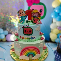 I had so much fun creating this two-tier Cocomelon themed cake for a first birthday party. It features a fondant rainbow, watermelon details, and all the beloved characters. I can work with your event planner to make sure the cake perfectly matches your party's decor.