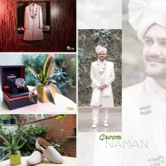 A collage showcasing the groom's attire and accessories, from his watch and shoes to his full wedding day look.
