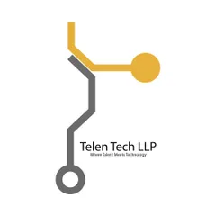 The primary logo for Telen Tech LLP, using the client's specified yellow and grey color palette. The design visualizes a technological pathway, fitting for an IT solutions company.