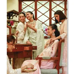 For daytime celebrations and intimate gatherings, I love working with soft pastels. This image captures a moment of shared joy, with each woman styled in a unique prêt ensemble that feels light, elegant, and perfectly suited for the occasion.