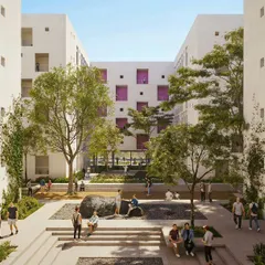 A render of the student hostels at Warangal University, designed as a vibrant community space. We envisioned the central courtyard as the heart of the hostel, a place for interaction, study, and relaxation, blending landscaping with social seating to create a dynamic environment for 4,300 students.