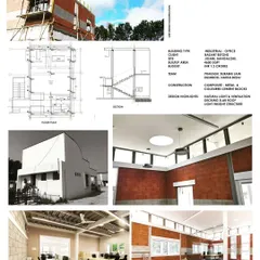 This project board details an industrial office built with composite metal and concrete blocks. The design highlights include a lightweight slab roof and a focus on natural light and ventilation, resulting in a budget-friendly and sustainable workspace.