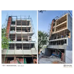 The 101 Residence in New Delhi during the construction phase. These images document the progress on-site, showing the structural framework that will soon support the finished modern facade.