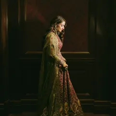 A moody, artistic shot of the bride at her Sufi night. The rich colors of her anarkali and the dramatic lighting create a truly magical atmosphere.