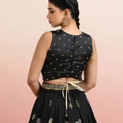 The back of the blouse features a simple tie-up, allowing the intricate motifs on the skirt to take center stage.