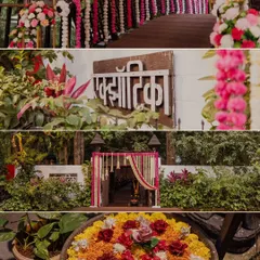 A collection of images showing the beautiful details of the Exotica resort in Thane. From the floral decorations on the bridge to the traditional welcome platter, every detail adds to the wedding's charm.