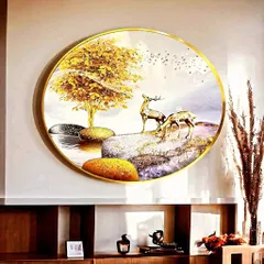 This circular crystal painting captures a serene natural scene with two deer by a golden tree. The 32-inch diameter and rich, vibrant colors make it a beautiful and harmonious centerpiece for a dining room or living area.