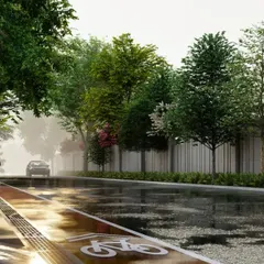 This rendering illustrates our approach to sustainable streetscape design within a residential community. We have incorporated a dedicated, color-coded bicycle lane alongside a tree-lined pedestrian walkway, creating a safe and green corridor that encourages non-motorized transport.