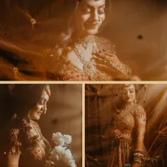 A collage of dreamy, warm-toned bridal portraits, capturing the bride's joy and elegance on her wedding day.