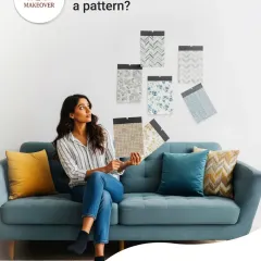 Can't pick a pattern? Let us help. This image shows a client considering various swatches. Our 15-minute consultation process is designed to eliminate confusion and help you find the perfect look for your home.