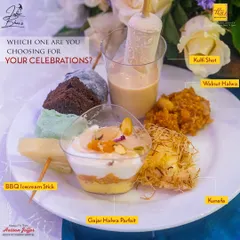 We offer a wide variety of desserts to choose from for your celebrations. This platter showcases a modern Gajar Halwa Parfait, a classic Kulfi Shot, rich Walnut Halwa, BBQ Icecream Stick and delicate Kunafa.