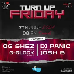 The main event flyer for "Turn Up Friday" at Kitty Ko, listing the full DJ lineup.