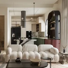 I believe a home should be full of personality. This open-concept space is a celebration of layered expression, blending diverse materials, bold patterns, and striking silhouettes. From the cloud-like sofa to the sculptural bar and dramatic kitchen island, each element tells its own story while contributing to a harmonious, curated, and lively whole.
