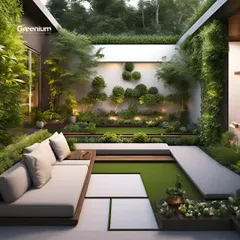 This backyard concept design features a sunken seating area surrounded by lush artificial grass and beautiful landscaping. It's the perfect way to create a cozy, green, and functional outdoor living space.