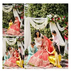 A collage showing the bride surrounded by her bridesmaids and family during the ceremony. These are the candid, supportive moments that add emotional depth to a wedding album.