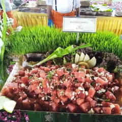 A close-up of my popular Watermelon Feta salad, showcasing the fresh ingredients and beautiful presentation I bring to my vegetarian catering menus.