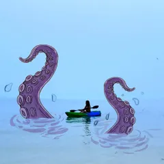 Don't just post a photo, tell a story with it. I can take your travel pictures, like this simple kayaking shot, and add whimsical illustrations like giant octopus tentacles to make it a legit piece of art.
