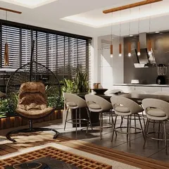 A closer look at the sunroom's dining and kitchen area. Faux plants in modern planters are used to soften the contemporary design and add a touch of natural color.
