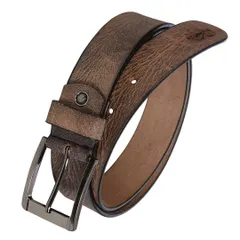 This men's casual belt features a weathered brown leather finish and a gunmetal-toned buckle. The textured appearance adds character while maintaining a professional look.