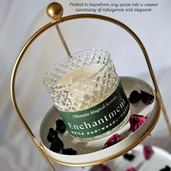 This is my 'Enchantment' Crystal Jar Candle, a blend of white oud, woody, and musky notes. The elegant crystal jar sparkles beautifully, making it a stunning decor piece that transforms any space into a serene sanctuary.
