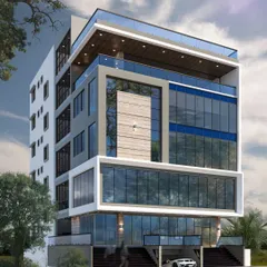 A detailed 3D proposal for a commercial building in HSR Layout. This visualization showcases a modern facade with extensive glass, a rooftop terrace, and integrated parking.