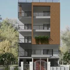 This multi-story residential building design incorporates modern elements like vertical louvers for privacy and sun shading, along with integrated planters for a touch of green. The facade combines brick texture with smooth render, showcasing our ability to blend materials effectively.