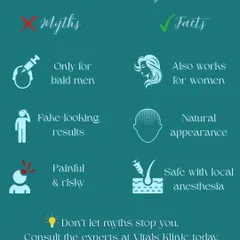 This graphic busts common myths about hair transplants. Contrary to popular belief, the procedure is not just for bald men, it produces natural-looking results, and it is a safe procedure performed with local anesthesia. We encourage you to consult with experts to get the facts.