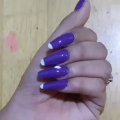 Here is another view of the long coffin-shaped purple nails, showing how elegant a simple heart accent can be. I can customize the colors and accents for you.