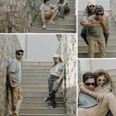 A collection of fun, casual moments from their pre-wedding shoot. The piggyback ride and cool poses on the steps show their playful side and easygoing chemistry.