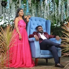 For a more formal or regal theme, we offer combinations like this textured pink gown and a luxurious red velvet blazer. This pairing is perfect for indoor studio shoots or grand heritage locations.
