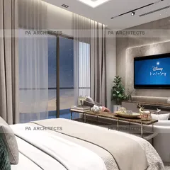 This view of the same master bedroom shows the TV and entertainment unit. The design maintains a clean and uncluttered look with integrated storage and subtle backlighting to create a relaxing ambiance.