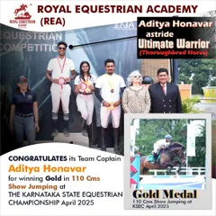 The result of dedication. Our Team Captain, Aditya Honavar, securing the Gold Medal in 110 cm Show Jumping at the Karnataka State Equestrian Championship. We train competitors to reach the top of the podium.