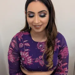 A bold and beautiful look for an evening event. The shimmering silver and purple smokey eye is the star of the show, paired with a neutral lip and flawless skin.