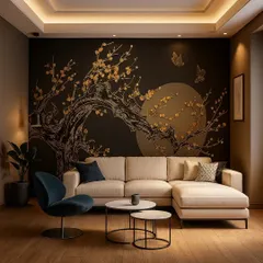 A beautiful wallpaper featuring a Japanese-inspired black and gold tree against a full moon, creating a serene and artistic ambiance.